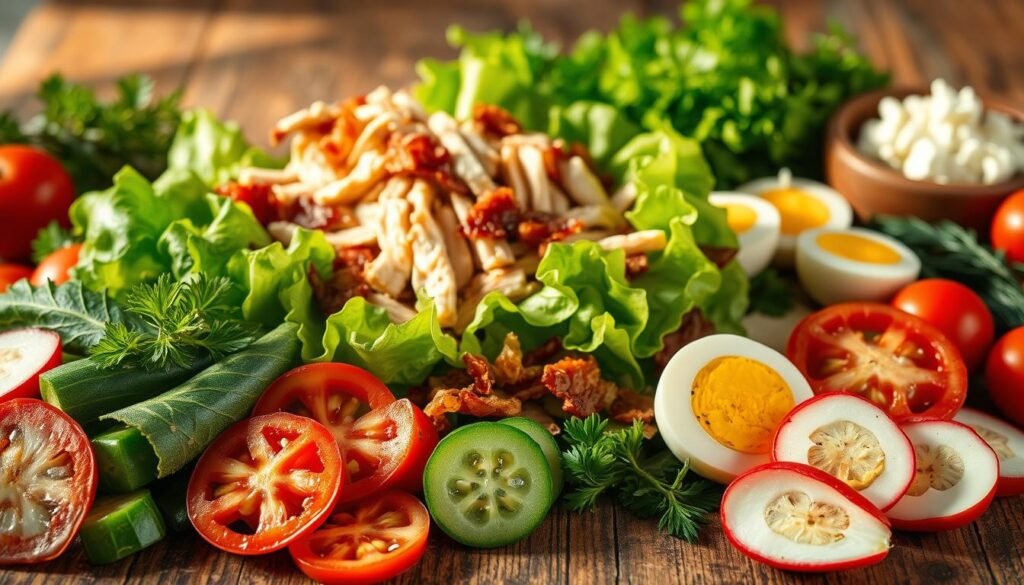A bountiful assortment of fresh chef salad ingredients arranged on a rustic wooden table, bathed in warm, natural lighting. In the foreground, crisply sliced cucumbers, juicy tomatoes, and vibrant radish slices. The middle ground features a mound of crisp romaine lettuce leaves, accompanied by thin strips of grilled chicken and smoky bacon bits. In the background, hard-boiled egg halves, crumbled feta cheese, and an array of aromatic herbs add depth and complexity to the scene. The overall composition evokes a sense of culinary abundance and the promise of a satisfying, flavorful meal. chef salad variations