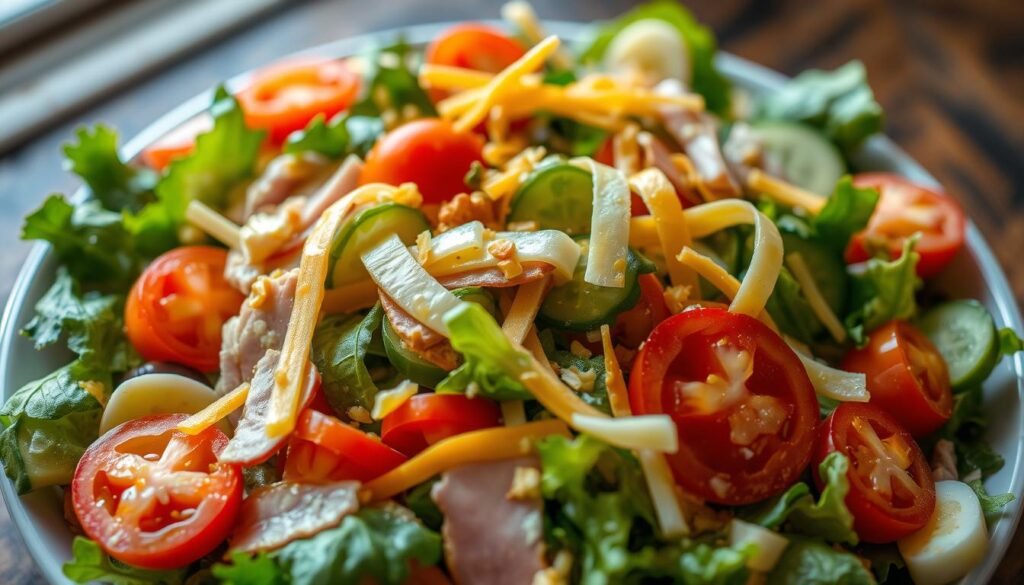 A classic chef salad, bursting with fresh ingredients and vibrant colors. A crisp bed of mixed greens, dotted with juicy tomatoes, crunchy cucumbers, and thin slices of savory ham and turkey. Ribbons of hard-boiled egg and shredded cheddar cheese add richness and texture. Drizzled with a creamy, tangy vinaigrette, the salad is illuminated by soft, natural lighting, creating a mouthwatering, appetizing scene. Captured from a high angle, the salad fills the frame, exuding a sense of hearty, American homestyle comfort. The overall mood is one of wholesome, nourishing simplicity, inviting the viewer to savor the timeless flavors of this classic dish. chef salad variations