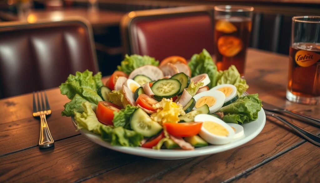 A vintage-style diner setting with a classic chef salad taking center stage. Crisp romaine lettuce, juicy tomatoes, crunchy cucumbers, boiled eggs, and strips of ham and turkey arranged in a visually appealing spiral. Warm lighting casts a cozy glow, highlighting the vibrant colors and textures of the salad. The plate is set on a worn wooden table, with a pair of silverware and a glass of iced tea nearby, evoking the nostalgic atmosphere of an old-fashioned diner. The overall scene conveys a sense of timeless comfort and simple, wholesome pleasure. chef salad variations