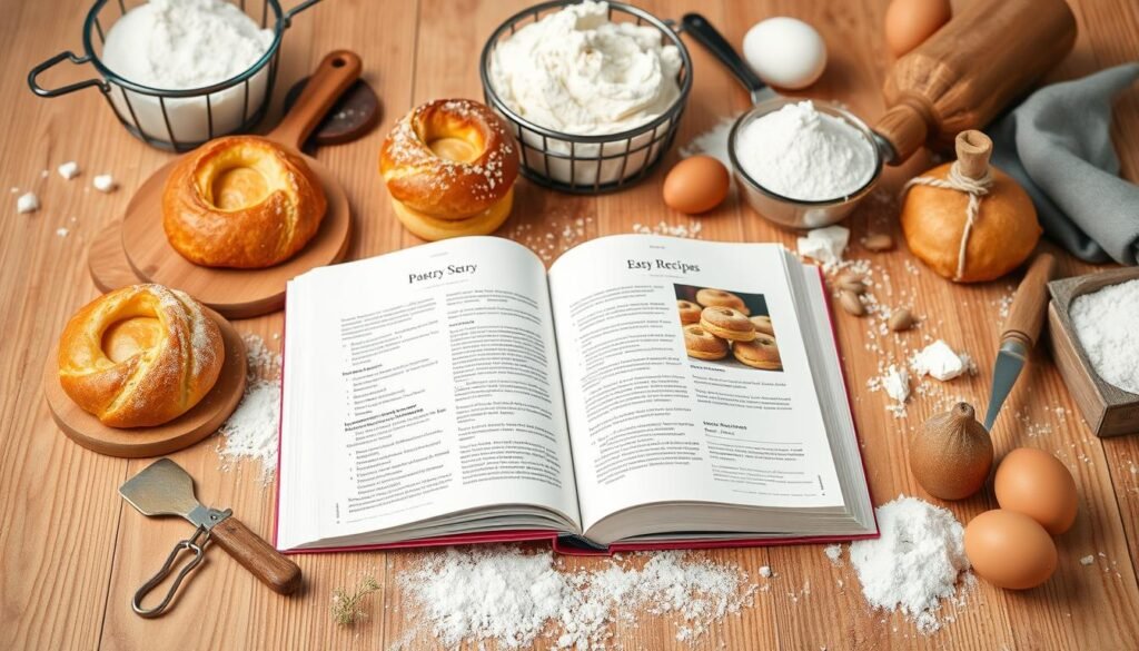 Detailed still life arrangement of an open pastry book resting on a wood-grained surface, with a mix of freshly baked pastries, kitchen utensils, and ingredients like flour, sugar, and eggs surrounding it. Soft, warm lighting from an overhead source casts a cozy, inviting glow. The book's pages are crisp and inviting, showcasing mouthwatering recipes and techniques. The overall composition conveys a sense of expertise, inspiration, and the joy of baking. pastry books