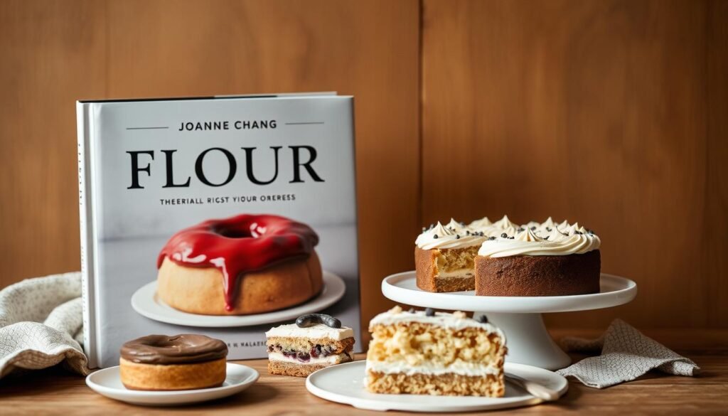 Generate an image of Joanne Chang's Flour cookbook with a warm and inviting background, showcasing some of the delicious desserts from the book. pastry books