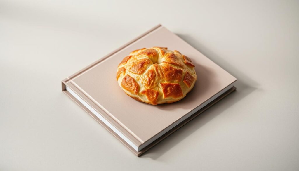 a high-quality hardcover book with a close-up photograph of a freshly baked pastry on the cover, shot from an overhead angle with soft, even lighting that highlights the texture and golden-brown color of the pastry. The book is placed on a simple, muted background that allows the pastry to be the focal point. The lighting is natural and diffused, creating a warm, inviting atmosphere. The image has a shallow depth of field, placing the pastry in sharp focus while the background is slightly blurred. The overall composition is elegant, minimalist, and visually appealing, showcasing the artistry and craftsmanship of high-quality pastry photography. pastry books