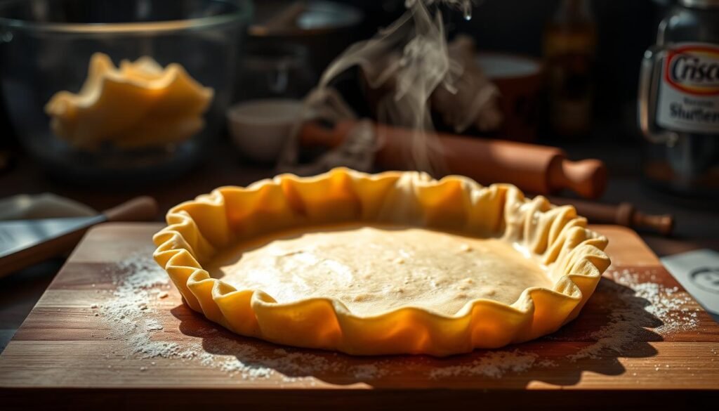 A beautifully lit close-up of a freshly baked flaky pie crust, made with Crisco shortening, resting on a wooden board. The crisp golden-brown surface reveals delicate layers, while steam gently rises, hinting at the tender, buttery interior. The lighting casts dramatic shadows, accentuating the intricate texture and emphasizing the artisanal craftsmanship. In the background, a mixing bowl, rolling pin, and other baking tools hint at the process of mastering this classic recipe. The overall mood is one of culinary expertise and the pride of a job well done.