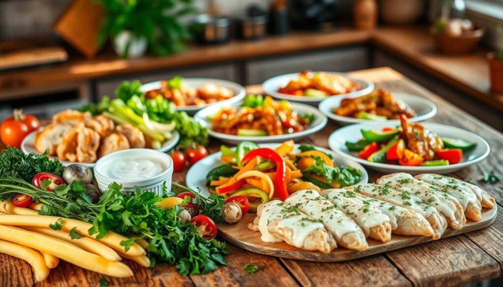 A bountiful spread of quick chicken meal recipes, artfully arranged on a rustic wooden table. In the foreground, an array of vibrant ingredients - tender chicken breasts, fresh herbs, colorful vegetables, and creamy sauces. The middle ground showcases a selection of neatly plated dishes, each bursting with flavor and visual appeal. The background is softly blurred, creating a sense of cozy, inviting atmosphere, as if captured in a warm, sun-dappled kitchen. The overall composition exudes a balanced, harmonious aesthetic, showcasing the ease and versatility of these quick chicken lunch recipes.