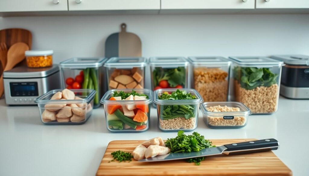 A bright and airy kitchen countertop, neatly arranged with various meal prep containers, each filled with perfectly portioned chicken, vegetables, and grains. In the foreground, a cutting board with freshly chopped herbs and a sharp knife, conveying the efficiency of the process. The middle ground showcases a collection of meal prep tools, such as a food scale, portion scoops, and labeled containers, all within easy reach. The background features a clean, minimalist backsplash, allowing the organized meal prep setup to be the focal point. The lighting is soft and diffused, creating a warm, inviting atmosphere that encourages productivity and a sense of control over one's weekday meals. A bright and airy kitchen countertop, neatly arranged with various meal prep containers, each filled with perfectly portioned chicken, vegetables, and grains. In the foreground, a cutting board with freshly chopped herbs and a sharp knife, conveying the efficiency of the process. The middle ground showcases a collection of meal prep tools, such as a food scale, portion scoops, and labeled containers, all within easy reach. The background features a clean, minimalist backsplash, allowing the organized meal prep setup to be the focal point. The lighting is soft and diffused, creating a warm, inviting atmosphere that encourages productivity and a sense of control over one's weekday meals.