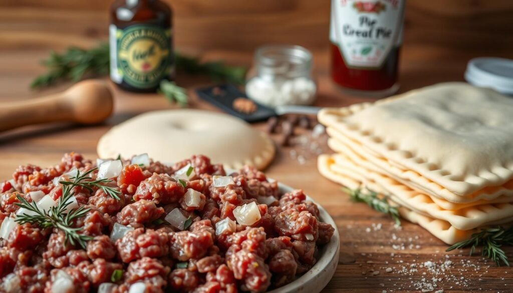 A carefully arranged still life of the key ingredients for a classic ground beef meat pie, captured in soft, natural lighting and a warm, inviting atmosphere. In the foreground, a blend of freshly ground beef, diced onions, and aromatic herbs such as thyme and rosemary. In the middle ground, a stack of pre-made pie crusts, their flaky texture and golden hue inviting the viewer to imagine the final dish. In the background, a wooden surface with a rolling pin, a jar of Worcestershire sauce, and a sprinkle of peppercorns, hinting at the seasoning and preparation that will transform these raw ingredients into a delectable meat pie. A carefully arranged still life of the key ingredients for a classic ground beef meat pie, captured in soft, natural lighting and a warm, inviting atmosphere. In the foreground, a blend of freshly ground beef, diced onions, and aromatic herbs such as thyme and rosemary. In the middle ground, a stack of pre-made pie crusts, their flaky texture and golden hue inviting the viewer to imagine the final dish. In the background, a wooden surface with a rolling pin, a jar of Worcestershire sauce, and a sprinkle of peppercorns, hinting at the seasoning and preparation that will transform these raw ingredients into a delectable meat pie.