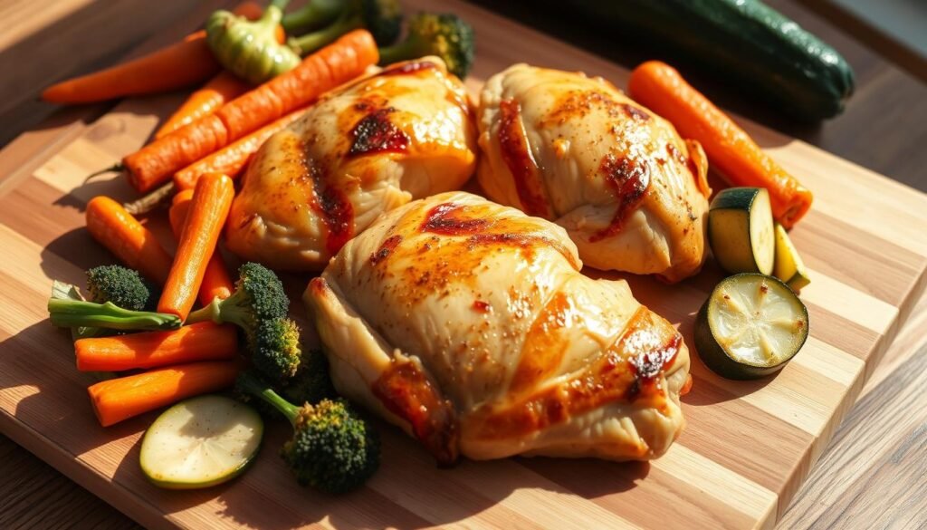 A carefully prepared chicken meal with roasted vegetables, neatly portioned on a wooden cutting board. The chicken is golden-brown, juicy, and seasoned to perfection. Vibrant carrots, broccoli, and zucchini are arranged around the chicken, creating a visually appealing and balanced composition. The scene is bathed in warm, natural lighting, casting soft shadows and highlighting the textures of the ingredients. The overall atmosphere conveys a sense of wholesome, home-cooked nourishment, perfect for a busy weekday meal prep. A carefully prepared chicken meal with roasted vegetables, neatly portioned on a wooden cutting board. The chicken is golden-brown, juicy, and seasoned to perfection. Vibrant carrots, broccoli, and zucchini are arranged around the chicken, creating a visually appealing and balanced composition. The scene is bathed in warm, natural lighting, casting soft shadows and highlighting the textures of the ingredients. The overall atmosphere conveys a sense of wholesome, home-cooked nourishment, perfect for a busy weekday meal prep.