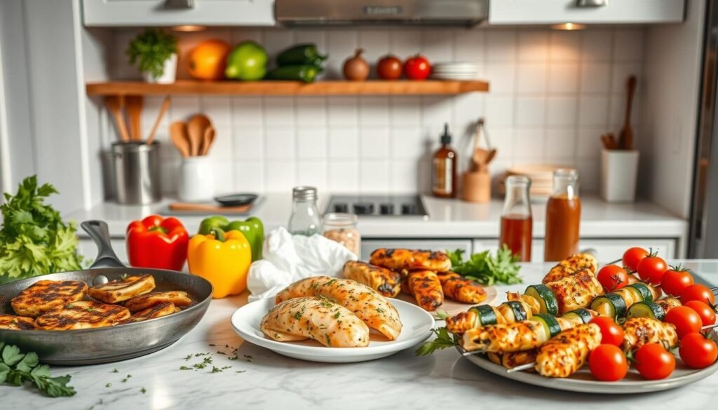 A cheerful kitchen counter showcases an array of quick, flavorful chicken dishes - crispy pan-seared cutlets, tender poached breasts, and juicy grilled skewers. Vibrant vegetables like bell peppers, zucchini, and cherry tomatoes add pops of color. Herbs, spices, and condiments stand ready to season the meals. Warm lighting casts a homey glow, while a clean, minimalist backdrop emphasizes the focus on the food. The scene conveys the appeal of easy-to-prepare, nutritious chicken lunches that elevate the midday meal with fresh, mouthwatering flavors.