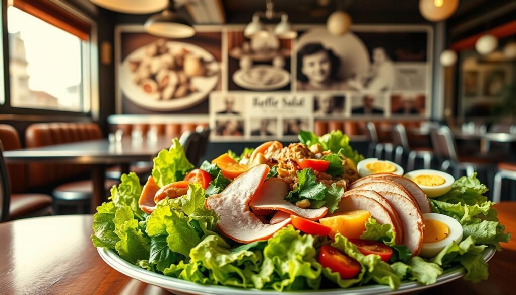 A classic chef salad history, presented in vivid detail. In the foreground, a neatly arranged platter showcases the iconic ingredients - crisp lettuce, sliced ham, roasted turkey, hard-boiled eggs, and fresh vegetables. The middle ground features a vintage diner-style setting, with chrome-accented tables and retro-inspired decor, evoking a nostalgic 1950s atmosphere. In the background, a sepia-toned montage depicts the evolution of the chef salad, from its humble origins as a simple vegetable plate to its modern incarnation as a beloved American staple. Soft, directional lighting casts a warm, inviting glow, highlighting the vibrant colors and textures of the salad. The overall composition conveys a sense of timeless elegance and the enduring appeal of this classic dish. classic chef salad