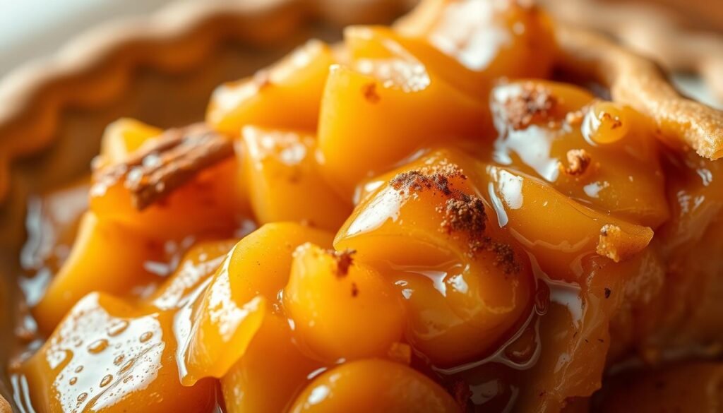 A close-up, high-resolution image of a slice of homemade apple pie filling, showcasing its luscious, gooey texture and rich, golden-brown color. The filling is brimming with softened, caramelized apple slices coated in a thick, bubbling syrup infused with cinnamon and nutmeg. The lighting is warm and natural, casting a soft glow on the filling and highlighting its inviting, mouthwatering appearance. The background is blurred, placing the focus entirely on the decadent, irresistible apple pie filling. The angle is slightly tilted, adding depth and dimension to the composition. A close-up, high-resolution image of a slice of homemade apple pie filling, showcasing its luscious, gooey texture and rich, golden-brown color. The filling is brimming with softened, caramelized apple slices coated in a thick, bubbling syrup infused with cinnamon and nutmeg. The lighting is warm and natural, casting a soft glow on the filling and highlighting its inviting, mouthwatering appearance. The background is blurred, placing the focus entirely on the decadent, irresistible apple pie filling. The angle is slightly tilted, adding depth and dimension to the composition.