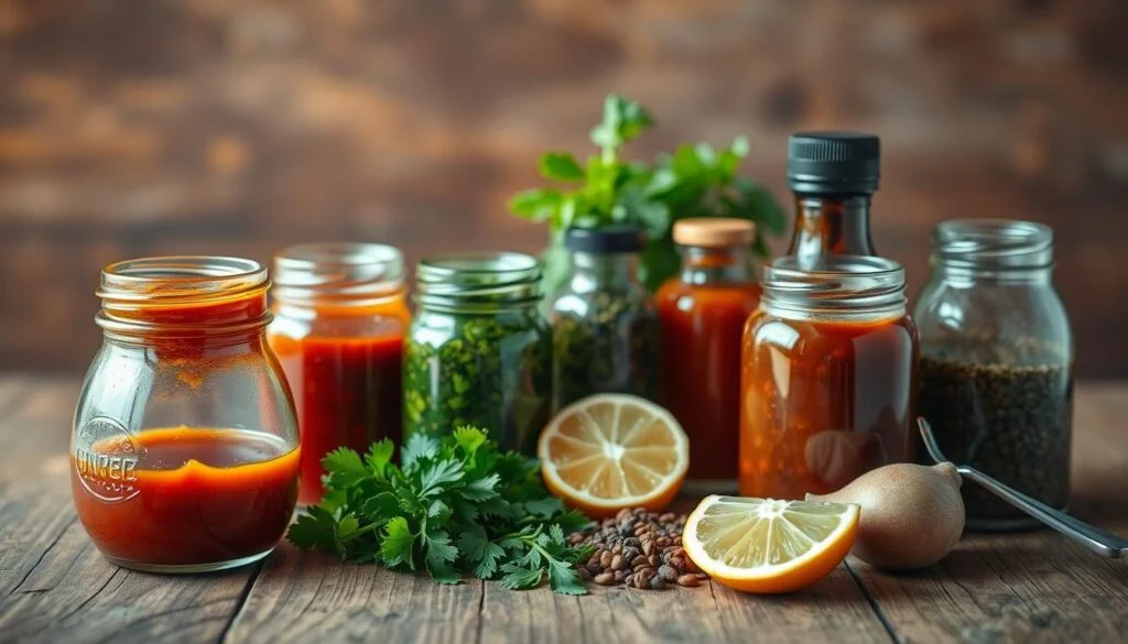 A close-up photograph of various flavorful marinades and sauces for chicken, arranged neatly on a rustic wooden table. The foreground features glass jars filled with vibrant hues of red, green, and brown sauces, such as teriyaki, BBQ, and herb-infused oils. The middle ground showcases freshly chopped herbs, spices, and citrus slices, creating a sense of culinary artistry. The background is softly blurred, with a natural, earthy tone that complements the overall composition. The lighting is warm and inviting, highlighting the textures and colors of the ingredients, creating a mouthwatering and appetizing scene. High-Protein Chicken Recipes