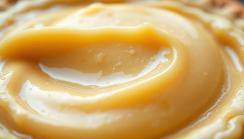 A close-up shot of a rich, creamy custard-like apple butter filling, with a soft, velvety texture and a warm, golden hue. The filling glistens under the gentle, diffused lighting, showcasing its smooth, silky consistency. The background is blurred, allowing the filling to take center stage, with a slight hint of a flaky pie crust peeking out from the edges. The composition emphasizes the luscious, spreadable nature of the filling, inviting the viewer to imagine its sweet, spiced flavor and how it would complement the classic apple pie. A close-up shot of a rich, creamy custard-like apple butter filling, with a soft, velvety texture and a warm, golden hue. The filling glistens under the gentle, diffused lighting, showcasing its smooth, silky consistency. The background is blurred, allowing the filling to take center stage, with a slight hint of a flaky pie crust peeking out from the edges. The composition emphasizes the luscious, spreadable nature of the filling, inviting the viewer to imagine its sweet, spiced flavor and how it would complement the classic apple pie.