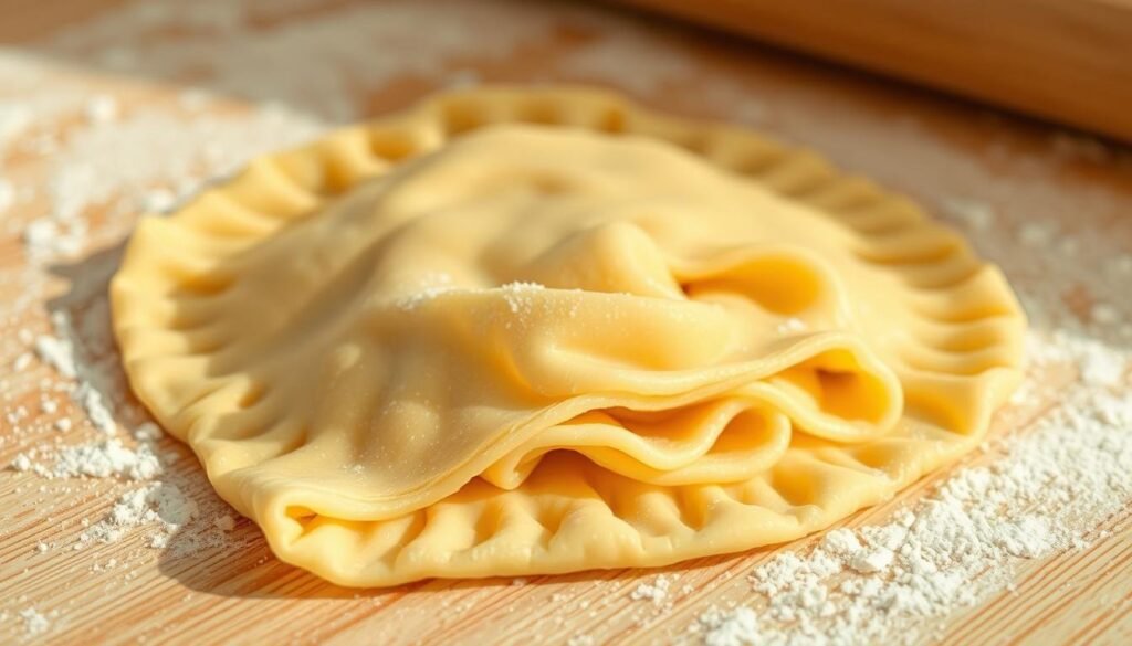 A close-up shot of delicate, golden-brown puff pastry dough, freshly rolled out on a lightly floured wooden surface. The dough has a soft, supple texture with visible layers of delicate, flaky pastry. Warm, natural lighting casts a gentle glow, highlighting the intricate patterns and structures within the dough. The composition emphasizes the intricate, layered nature of the dough, inviting the viewer to imagine the process of creating the perfect puff pastry. The overall mood is one of artisanal craftsmanship and the anticipation of delicious baked goods. Pastry Recipes