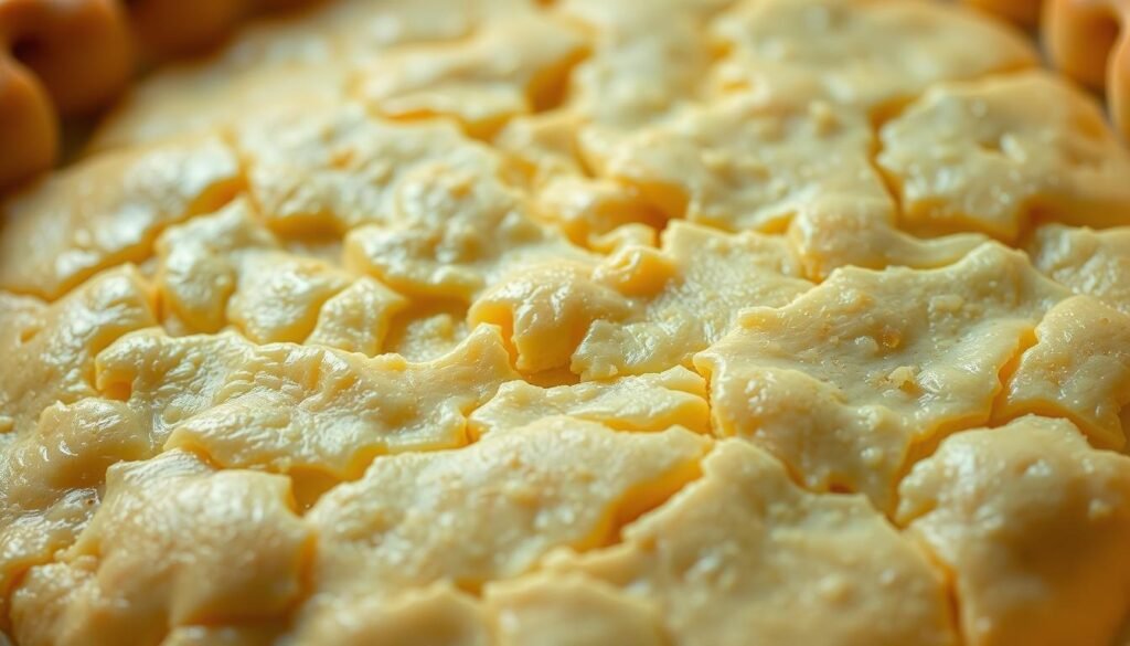 A close-up view of a flaky, golden-brown pie crust, meticulously crafted with high-quality olive oil. The crust's surface glistens subtly, reflecting the warm lighting that casts gentle shadows across its intricate layers. The crust's delicate texture is evident, with a mosaic of fine, interwoven flakes that promise a tender, melt-in-your-mouth experience. The overall composition emphasizes the crust's natural beauty, showcasing its rich, earthy tones and the subtle complexity that olive oil imparts. The image conveys a sense of artisanal craftsmanship and the joy of baking with premium ingredients.