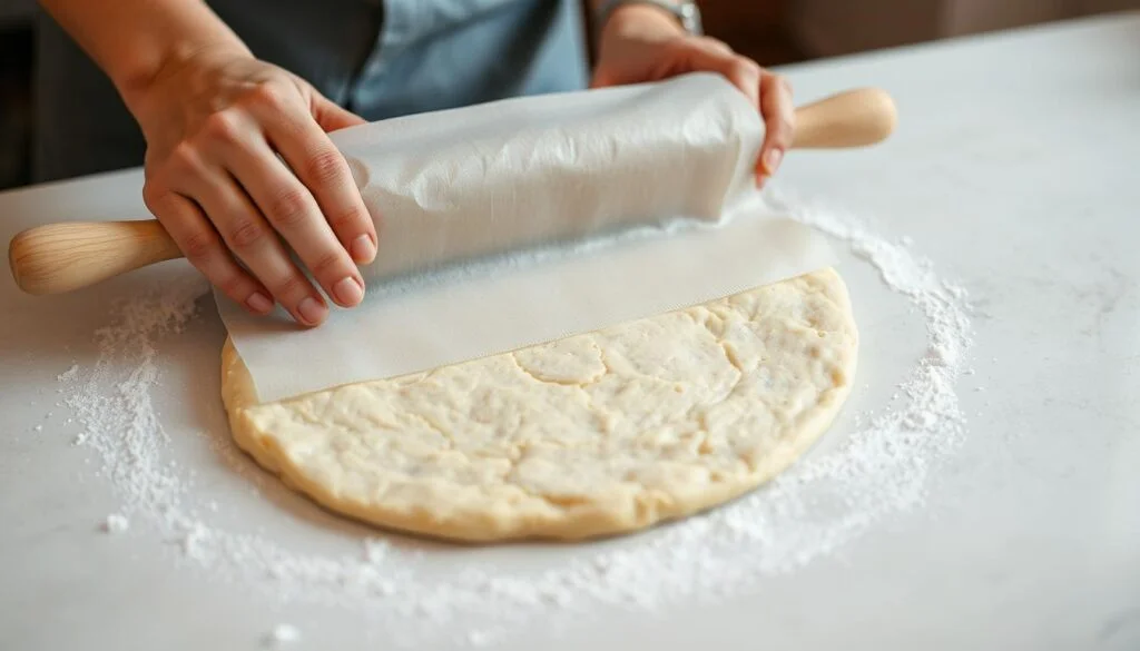 A close-up view of a person's hands rolling out dough on a clean, flat surface using a rolling pin, with a sheet of wax paper gently covering the dough to prevent sticking. The dough is a light, golden color, and the wax paper has a translucent, slightly textured appearance. The lighting is soft and diffused, creating a warm, inviting atmosphere. The angle of the shot emphasizes the technique, showcasing how the wax paper helps to easily manipulate the dough without it adhering to the surface. The background is slightly blurred, keeping the focus on the rolling process.