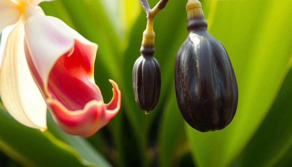 A close-up view of a vanilla orchid fruit transformation, showcasing the delicate process from bud to pod. The foreground depicts the orchid's unfurling blossom, its petals illuminated by soft, natural lighting. In the middle ground, the maturing fruit slowly elongates and darkens, its waxy skin glistening. The background reveals the lush, verdant leaves of the vanilla vine, creating a serene, tropical atmosphere. Captured with a macro lens, the image highlights the intricate details and the gradual metamorphosis of this precious ingredient, from its origins in the orchid to the coveted vanilla extract. Vanilla Flavoring