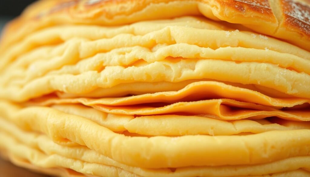A close-up view of flaky, golden-brown viennoiserie dough, showcasing its intricate layered structure. The crisp, buttery exterior gives way to soft, pillowy interior layers, gently separated by delicate sheets of rich, laminated pastry. Warm, natural lighting casts a soft, inviting glow, highlighting the dough's delicate textures and mouthwatering appeal. Captured from a low, diagonal angle to emphasize the depth and complexity of the layered composition, creating a tempting visual representation of the artistry and craftsmanship behind traditional viennoiserie baking. A close-up view of flaky, golden-brown viennoiserie dough, showcasing its intricate layered structure. The crisp, buttery exterior gives way to soft, pillowy interior layers, gently separated by delicate sheets of rich, laminated pastry. Warm, natural lighting casts a soft, inviting glow, highlighting the dough's delicate textures and mouthwatering appeal. Captured from a low, diagonal angle to emphasize the depth and complexity of the layered composition, creating a tempting visual representation of the artistry and craftsmanship behind traditional viennoiserie baking.