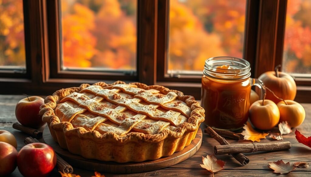 A cozy autumn scene featuring a golden brown apple pie, the crust latticed and flecked with hints of cinnamon. The pie sits atop a rustic wooden table, surrounded by a scattering of fresh apples, cinnamon sticks, and a mason jar filled with glossy, amber-hued apple butter. Soft, diffused lighting bathes the scene, casting warm, gentle shadows and highlighting the rich, autumnal tones. In the background, a window overlooks a landscape of vibrant fall foliage, hues of crimson, gold, and burnt orange creating a breathtaking vista. The overall mood is one of comfort, harvest, and the perfect balance of sweet and spice - the ultimate fall recipe. A cozy autumn scene featuring a golden brown apple pie, the crust latticed and flecked with hints of cinnamon. The pie sits atop a rustic wooden table, surrounded by a scattering of fresh apples, cinnamon sticks, and a mason jar filled with glossy, amber-hued apple butter. Soft, diffused lighting bathes the scene, casting warm, gentle shadows and highlighting the rich, autumnal tones. In the background, a window overlooks a landscape of vibrant fall foliage, hues of crimson, gold, and burnt orange creating a breathtaking vista. The overall mood is one of comfort, harvest, and the perfect balance of sweet and spice - the ultimate fall recipe.