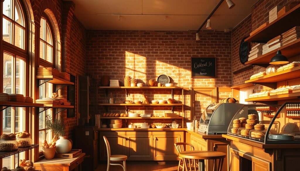 A cozy, charming bakery interior with warm, inviting lighting. Wooden shelves filled with freshly baked pastries, artfully displayed against a backdrop of exposed brick walls. Sunlight streams through large windows, casting a golden glow on the scene. A quaint, vintage-inspired counter showcases tempting treats, while a few small, round tables with rustic wooden chairs invite customers to linger and savor the atmosphere. The air is permeated with the delectable scents of freshly baked bread, sweet icing, and aromatic coffee. This serene, inviting setting captures the essence of a quintessential neighborhood pastry shop. A cozy, charming bakery interior with warm, inviting lighting. Wooden shelves filled with freshly baked pastries, artfully displayed against a backdrop of exposed brick walls. Sunlight streams through large windows, casting a golden glow on the scene. A quaint, vintage-inspired counter showcases tempting treats, while a few small, round tables with rustic wooden chairs invite customers to linger and savor the atmosphere. The air is permeated with the delectable scents of freshly baked bread, sweet icing, and aromatic coffee. This serene, inviting setting captures the essence of a quintessential neighborhood pastry shop.