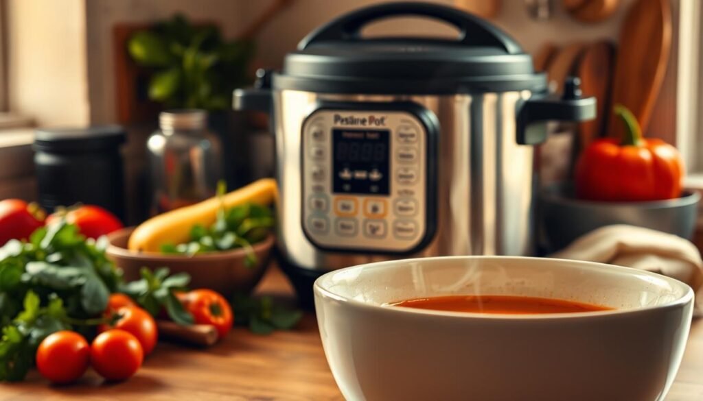 A cozy kitchen counter with a gleaming stainless steel pressure cooker, surrounded by fresh vegetables, herbs, and spices. Warm, diffused lighting casts a golden glow, inviting the viewer to imagine the aromatic, nourishing soup simmering within. In the foreground, a crisp white bowl overflows with a vibrant, velvety soup, steam gently rising. The composition is balanced, emphasizing the ease and simplicity of quick cooker soup recipes - a perfect way to create delicious, wholesome meals in minutes.