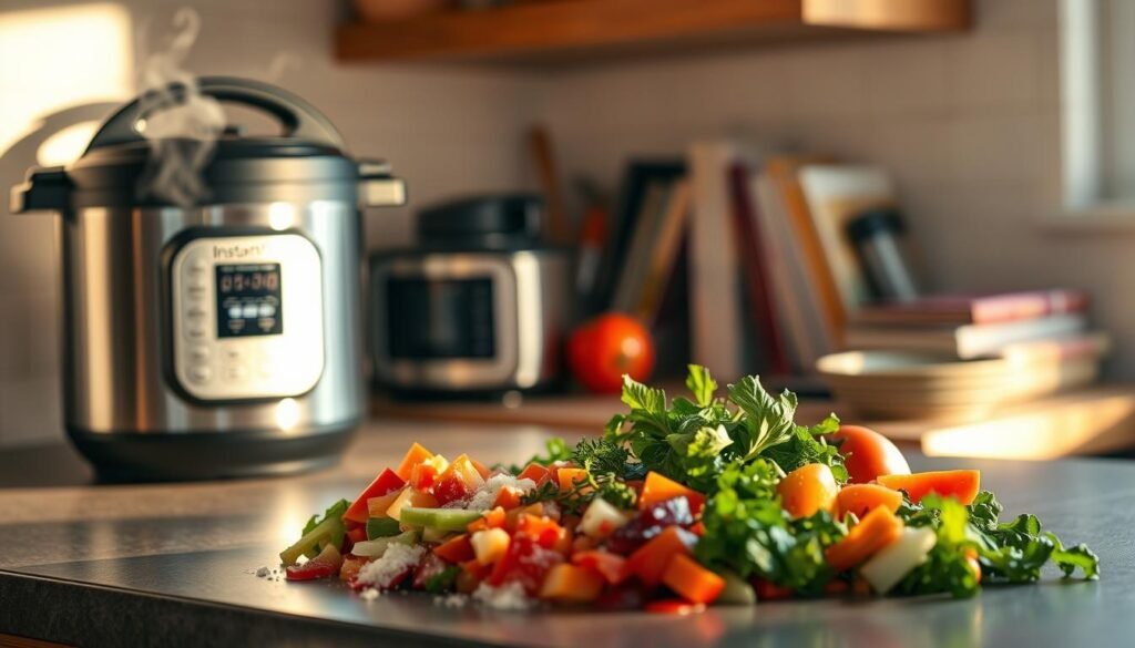 A cozy kitchen countertop with an Instant Pot simmering on the left, steam billowing from the lid. Chopped vegetables, herbs, and seasonings artfully arranged in the foreground, hinting at the flavorful soup within. Warm, directional lighting casts gentle shadows, creating a inviting, homemade atmosphere. In the background, blurred small appliances and cookbooks suggest a well-equipped, organized space for effortless meal preparation. The scene conveys the ease and satisfaction of mastering Instant Pot soup techniques for quick, delicious meals.
