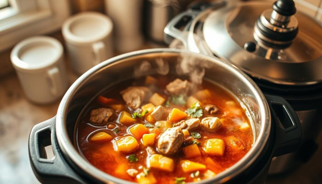 A cozy kitchen with a pressure cooker on the counter, steam gently rising from its lid. Inside, a rich, savory soup simmers - chunks of tender meat, vibrant vegetables, and a deep, flavorful broth. Warm lighting casts a golden glow, highlighting the benefits of this efficient cooking method: maximum nutrition retained, complex flavors developed, and meal prep time reduced. The scene exudes the comforting aroma of a homemade soup, inviting the viewer to imagine the satisfying taste and texture of a piping hot bowl.