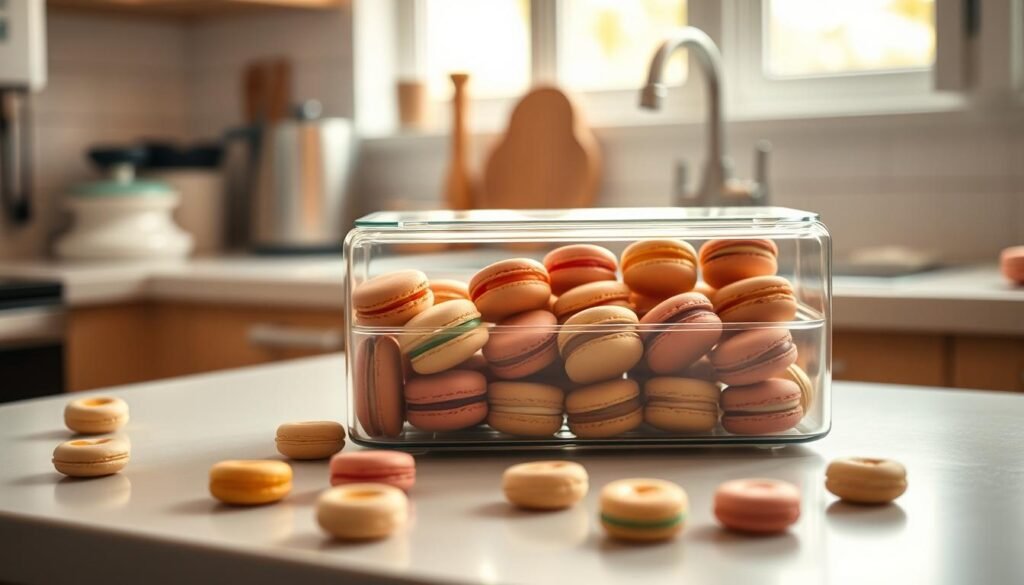 A cozy, softly lit kitchen counter displays an array of macarons neatly organized in a modern, minimalist storage container. The transparent glass or acrylic lid allows the vibrant, delicate pastries to be showcased, their diverse fillings and colors visible. Surrounding the container are a few scattered, perfectly ripened macaron shells, hinting at the care and attention given to their maturation. The kitchen is bathed in warm, diffused light, creating a serene, inviting atmosphere that evokes the patience and craftsmanship required to produce these delicate confections. A sense of quiet elegance and culinary passion permeates the scene. A cozy, softly lit kitchen counter displays an array of macarons neatly organized in a modern, minimalist storage container. The transparent glass or acrylic lid allows the vibrant, delicate pastries to be showcased, their diverse fillings and colors visible. Surrounding the container are a few scattered, perfectly ripened macaron shells, hinting at the care and attention given to their maturation. The kitchen is bathed in warm, diffused light, creating a serene, inviting atmosphere that evokes the patience and craftsmanship required to produce these delicate confections. A sense of quiet elegance and culinary passion permeates the scene.