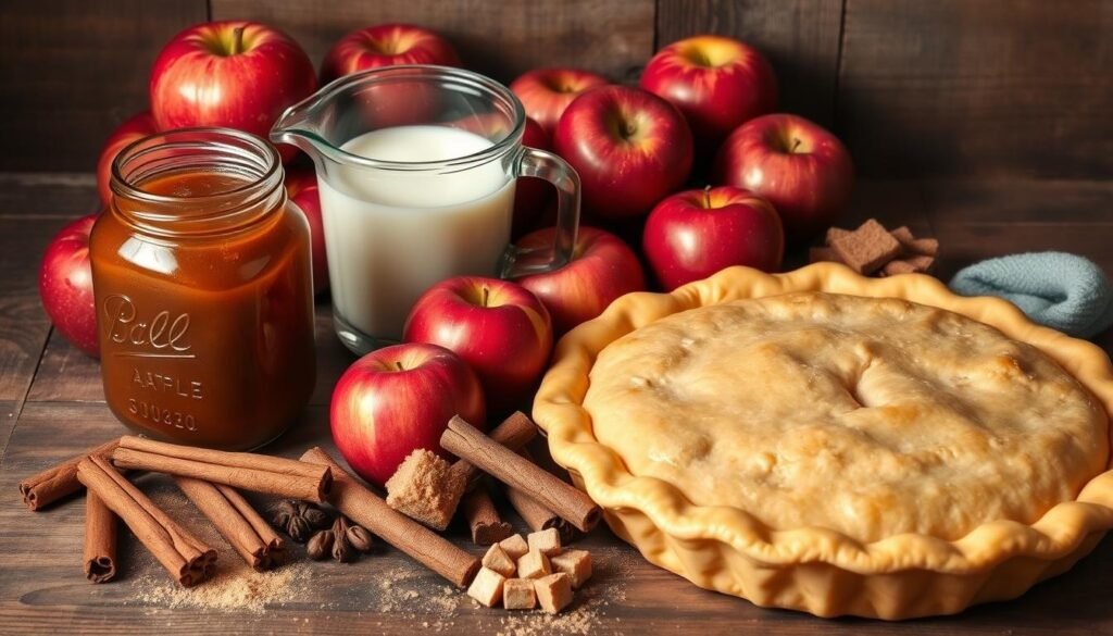 A cozy still life of the essential ingredients for a classic apple butter apple pie, neatly arranged on a rustic wooden surface. In the foreground, a golden-brown pie crust sits beside a jar of homemade apple butter, its rich, amber hue glistening. Surrounding it, a collection of fresh Honeycrisp apples, their crimson skins contrasting with the warm, earthy tones of cinnamon sticks, whole cloves, and a dusting of nutmeg. In the middle ground, a vintage glass measuring cup filled with thick, creamy buttermilk stands alongside a wooden spoon and a handful of brown sugar cubes. The scene is softly lit from above, casting gentle shadows and imbuing the composition with an inviting, autumnal atmosphere. A cozy still life of the essential ingredients for a classic apple butter apple pie, neatly arranged on a rustic wooden surface. In the foreground, a golden-brown pie crust sits beside a jar of homemade apple butter, its rich, amber hue glistening. Surrounding it, a collection of fresh Honeycrisp apples, their crimson skins contrasting with the warm, earthy tones of cinnamon sticks, whole cloves, and a dusting of nutmeg. In the middle ground, a vintage glass measuring cup filled with thick, creamy buttermilk stands alongside a wooden spoon and a handful of brown sugar cubes. The scene is softly lit from above, casting gentle shadows and imbuing the composition with an inviting, autumnal atmosphere.