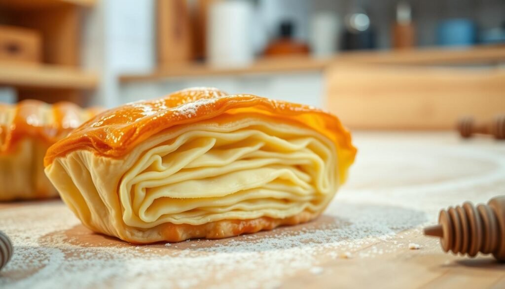 A crisp, golden-brown puff pastry shell, meticulously layered with delicate, flaky dough, glistening under the warm studio lighting. The scene is captured from a low angle, emphasizing the intricate textures and the artful arrangement of the pastry. In the background, a softly blurred kitchen counter hints at the artisan's workspace, conveying a sense of craftsmanship and attention to detail. The overall mood is one of precision, elegance, and the joy of baking. A crisp, golden-brown puff pastry shell, meticulously layered with delicate, flaky dough, glistening under the warm studio lighting. The scene is captured from a low angle, emphasizing the intricate textures and the artful arrangement of the pastry. In the background, a softly blurred kitchen counter hints at the artisan's workspace, conveying a sense of craftsmanship and attention to detail. The overall mood is one of precision, elegance, and the joy of baking.