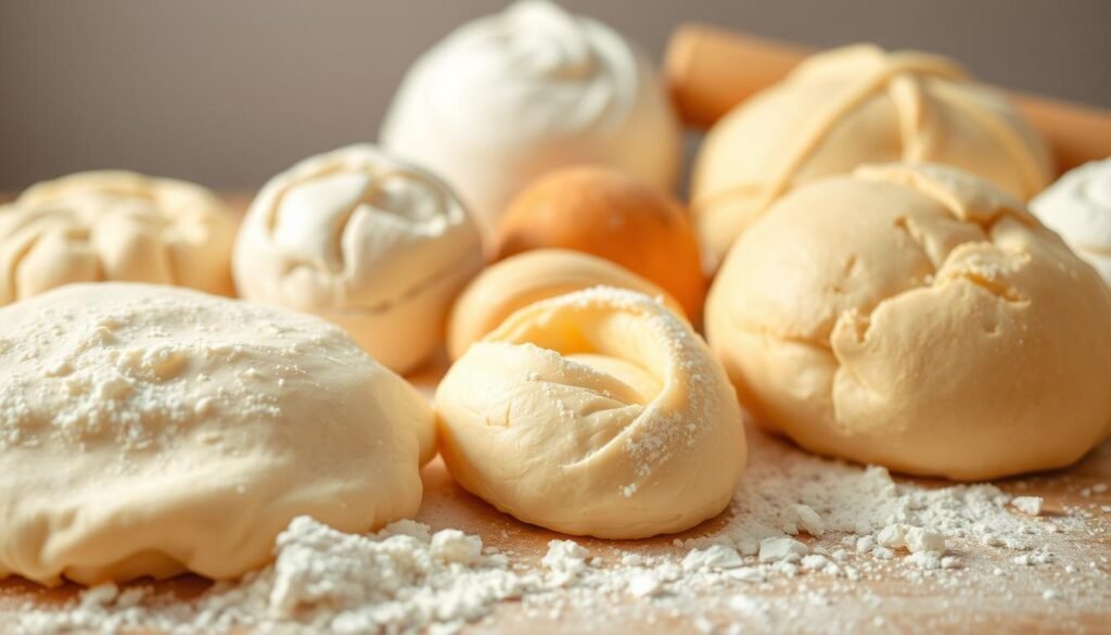 A delectable arrangement of assorted pastry doughs, captured in a warm, inviting light. In the foreground, flaky pie crust, silky-smooth brioche, and tender, golden puff pastry lie alongside a sprinkle of flour, conveying the tactile experience of working with these versatile ingredients. The middle ground features a selection of doughs in various stages of preparation - some kneaded, others rolled out, showcasing their diverse textures and structures. In the background, a neutral-toned countertop or wooden board provides a minimalist backdrop, allowing the doughs to take center stage. The overall mood is one of culinary artistry, where the beauty and diversity of pastry doughs are celebrated in a visually captivating manner. A delectable arrangement of assorted pastry doughs, captured in a warm, inviting light. In the foreground, flaky pie crust, silky-smooth brioche, and tender, golden puff pastry lie alongside a sprinkle of flour, conveying the tactile experience of working with these versatile ingredients. The middle ground features a selection of doughs in various stages of preparation - some kneaded, others rolled out, showcasing their diverse textures and structures. In the background, a neutral-toned countertop or wooden board provides a minimalist backdrop, allowing the doughs to take center stage. The overall mood is one of culinary artistry, where the beauty and diversity of pastry doughs are celebrated in a visually captivating manner.