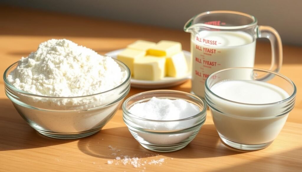 A delectable assortment of essential ingredients for mouthwatering quick yeast rolls, arranged in a clean, well-lit setting. In the foreground, a mix of all-purpose flour, granulated sugar, salt, and active dry yeast in small glass bowls, their contents neatly organized. In the middle ground, a plate of butter pats and a measuring cup filled with warm milk, creating a sense of preparedness. The background features a wooden surface, perhaps a kitchen counter, bathed in soft, natural light, conveying a cozy, homemade atmosphere. The overall composition emphasizes the simplicity and accessibility of the ingredients, inviting the viewer to imagine the warmth and comfort of freshly baked quick yeast rolls. A delectable assortment of essential ingredients for mouthwatering quick yeast rolls, arranged in a clean, well-lit setting. In the foreground, a mix of all-purpose flour, granulated sugar, salt, and active dry yeast in small glass bowls, their contents neatly organized. In the middle ground, a plate of butter pats and a measuring cup filled with warm milk, creating a sense of preparedness. The background features a wooden surface, perhaps a kitchen counter, bathed in soft, natural light, conveying a cozy, homemade atmosphere. The overall composition emphasizes the simplicity and accessibility of the ingredients, inviting the viewer to imagine the warmth and comfort of freshly baked quick yeast rolls.