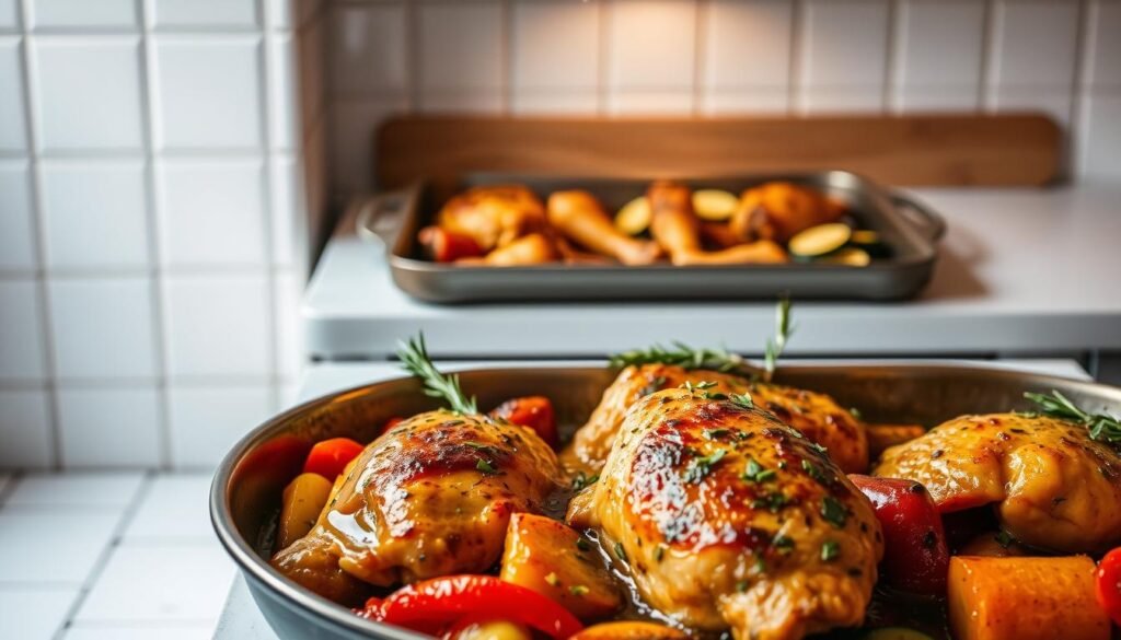 A delectable one-pan chicken dish, bathed in a savory garlic-herb sauce, sizzling under the warm glow of a rustic kitchen counter. In the foreground, juicy chicken thighs and vibrant vegetables like bell peppers and zucchini, artfully arranged. Pops of fresh herbs, such as rosemary and thyme, add depth and aroma. The middle ground features a baking tray, its surface adorned with golden-brown chicken and roasted vegetables, ready to be devoured. In the background, a minimalist kitchen setting, with clean white tiles and muted wood tones, creating a cozy, inviting atmosphere. Soft, diffused lighting casts a comforting glow, heightening the appetizing appeal of this effortless, flavor-packed chicken recipe. A delectable one-pan chicken dish, bathed in a savory garlic-herb sauce, sizzling under the warm glow of a rustic kitchen counter. In the foreground, juicy chicken thighs and vibrant vegetables like bell peppers and zucchini, artfully arranged. Pops of fresh herbs, such as rosemary and thyme, add depth and aroma. The middle ground features a baking tray, its surface adorned with golden-brown chicken and roasted vegetables, ready to be devoured. In the background, a minimalist kitchen setting, with clean white tiles and muted wood tones, creating a cozy, inviting atmosphere. Soft, diffused lighting casts a comforting glow, heightening the appetizing appeal of this effortless, flavor-packed chicken recipe.