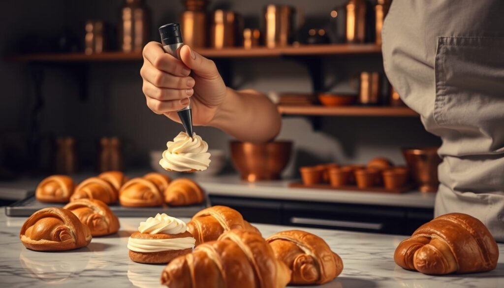 A dimly lit pastry workshop showcases the evolution of French pastry craftsmanship. In the foreground, a skilled pâtissier carefully pipes delicate buttercream onto a freshly baked éclair, their hands moving with precise, practiced motions. In the middle ground, an array of golden-crusted croissants and flaky pain au chocolat sit on a marble counter, representing the classic techniques that have been perfected over generations. In the background, shelves display antique copper molds and utensils, hinting at the rich history and tradition that have shaped the art of French pâtisserie. Soft, warm lighting casts a nostalgic glow, evoking the timeless elegance of this culinary craft. A dimly lit pastry workshop showcases the evolution of French pastry craftsmanship. In the foreground, a skilled pâtissier carefully pipes delicate buttercream onto a freshly baked éclair, their hands moving with precise, practiced motions. In the middle ground, an array of golden-crusted croissants and flaky pain au chocolat sit on a marble counter, representing the classic techniques that have been perfected over generations. In the background, shelves display antique copper molds and utensils, hinting at the rich history and tradition that have shaped the art of French pâtisserie. Soft, warm lighting casts a nostalgic glow, evoking the timeless elegance of this culinary craft.