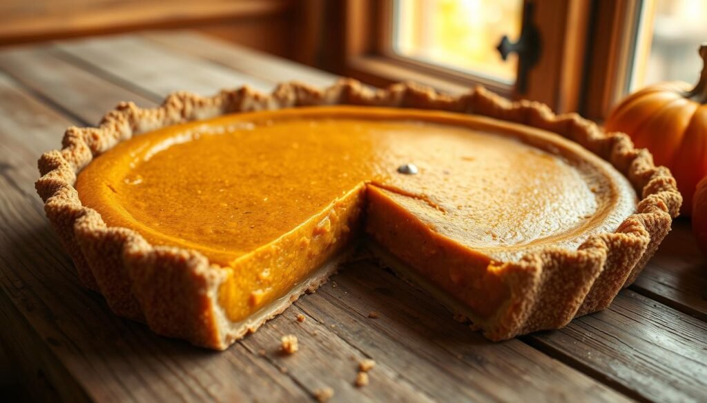 A freshly baked graham cracker crust pumpkin pie, resting on a rustic wooden table. The crust is a deep golden brown, with delicate flakes and a buttery aroma. The filling is a rich, velvety pumpkin custard, lightly spiced with cinnamon, nutmeg, and ginger. Warm autumn light filters through a nearby window, casting a soft glow on the pie's surface. Hints of imperfections in the crust add to the homemade charm. The overall scene evokes a cozy, comforting atmosphere, inviting the viewer to imagine slicing into a slice of this classic fall dessert. graham cracker crust
