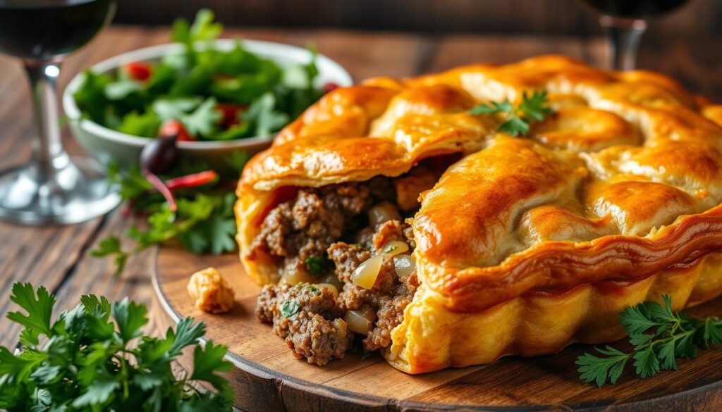 A freshly baked meat pie, its golden-brown crust glistening under warm, soft lighting. The savory filling, made with juicy ground beef, onions, and aromatic herbs, spills out invitingly. Flaky layers of pastry, delicately crafted, invite the viewer to take a bite. A crisp green salad and a glass of red wine complete the scene, creating a cozy, inviting atmosphere. The pie is framed against a backdrop of a rustic wooden table, with hints of natural textures and earthy tones. The overall impression is one of homemade comfort and culinary expertise. A freshly baked meat pie, its golden-brown crust glistening under warm, soft lighting. The savory filling, made with juicy ground beef, onions, and aromatic herbs, spills out invitingly. Flaky layers of pastry, delicately crafted, invite the viewer to take a bite. A crisp green salad and a glass of red wine complete the scene, creating a cozy, inviting atmosphere. The pie is framed against a backdrop of a rustic wooden table, with hints of natural textures and earthy tones. The overall impression is one of homemade comfort and culinary expertise.