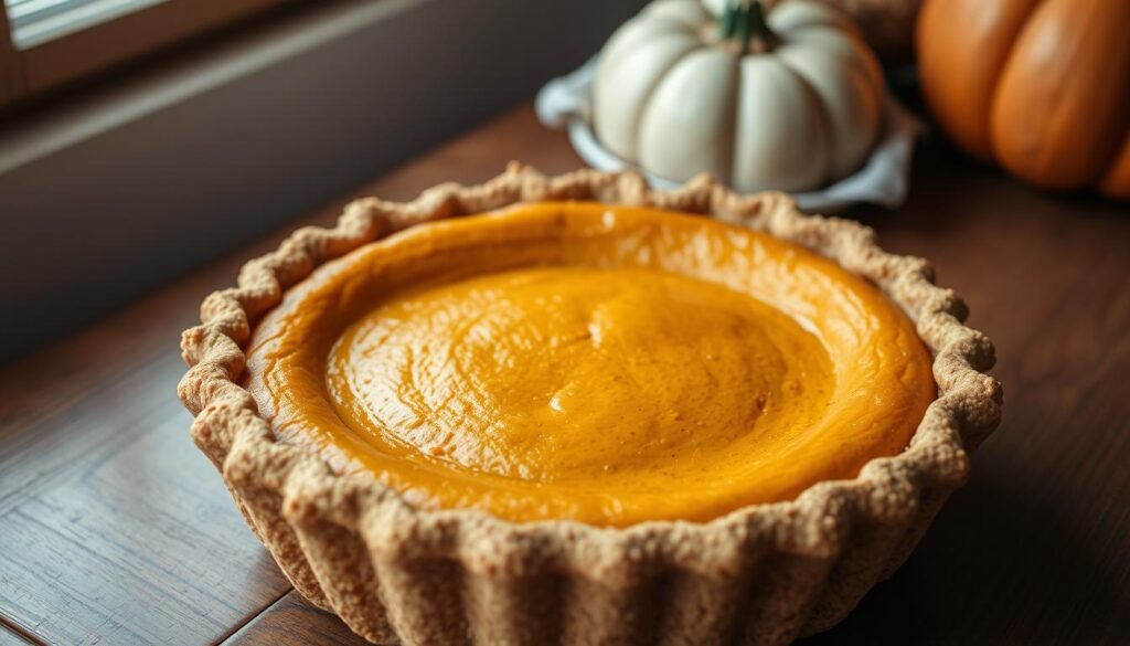 A freshly baked pumpkin pie with a golden-brown graham cracker crust, sitting on a wooden table. The crust has a delicate, crunchy texture, with visible crumbs and a slight sheen from the melted butter. The pie filling is a rich, creamy orange hue, with subtle spices wafting through the air. Soft, natural lighting filters in through a nearby window, casting a warm glow on the scene. The overall mood is cozy, inviting, and evocative of a traditional, homemade pumpkin dessert. graham cracker crust