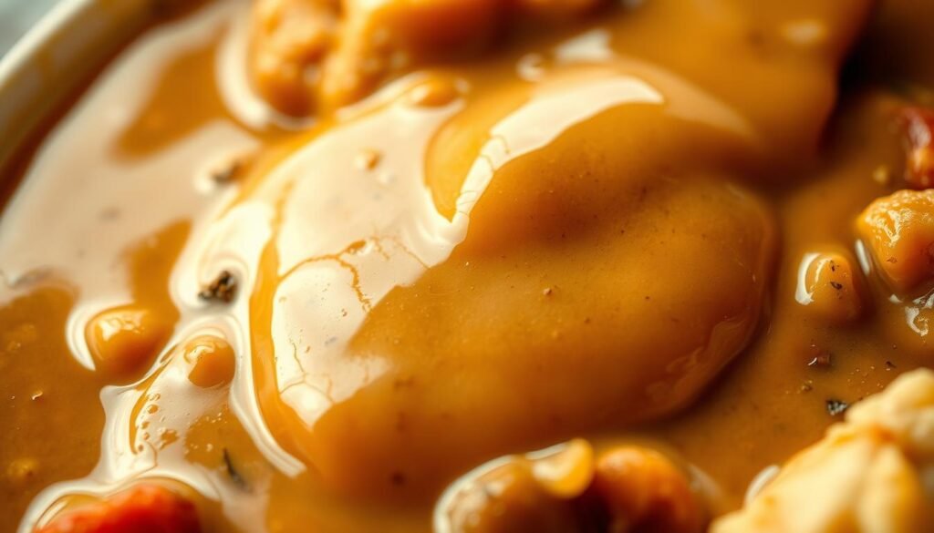 A glistening, velvety gravy pools atop tender chicken and hearty vegetables, captured in a high-resolution, close-up photograph with a shallow depth of field. Warm, soft lighting casts a comforting glow, emphasizing the rich, creamy texture and inviting hue of the gravy. The smooth, luxurious surface reflects the surroundings, creating a sense of depth and dimension. Subtle hints of herbs and spices add depth of flavor, while the overall composition draws the viewer's attention to the captivating details of this essential component of a perfectly crafted chicken pot pie. A glistening, velvety gravy pools atop tender chicken and hearty vegetables, captured in a high-resolution, close-up photograph with a shallow depth of field. Warm, soft lighting casts a comforting glow, emphasizing the rich, creamy texture and inviting hue of the gravy. The smooth, luxurious surface reflects the surroundings, creating a sense of depth and dimension. Subtle hints of herbs and spices add depth of flavor, while the overall composition draws the viewer's attention to the captivating details of this essential component of a perfectly crafted chicken pot pie.