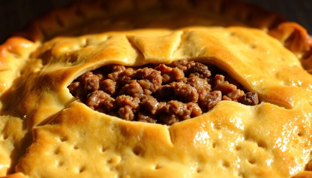 A golden-brown, flaky pastry crust, freshly baked and glistening in the warm kitchen light. The crust envelops a succulent filling of savory ground beef, simmered with aromatic vegetables and a blend of fragrant spices. The pie's surface is dotted with delicate patterns, created by the careful crimping and pleating of the dough. Shadows cast by the intricate pastry work add depth and texture, highlighting the artistry of the assembly. The overall composition exudes a homemade, comforting atmosphere, inviting the viewer to imagine the satisfying flavors and textures within. A golden-brown, flaky pastry crust, freshly baked and glistening in the warm kitchen light. The crust envelops a succulent filling of savory ground beef, simmered with aromatic vegetables and a blend of fragrant spices. The pie's surface is dotted with delicate patterns, created by the careful crimping and pleating of the dough. Shadows cast by the intricate pastry work add depth and texture, highlighting the artistry of the assembly. The overall composition exudes a homemade, comforting atmosphere, inviting the viewer to imagine the satisfying flavors and textures within.