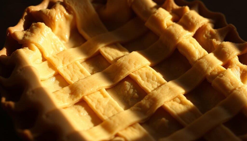 A golden-brown, flaky pie crust, freshly baked, with delicate layers that crackle under the gentle pressure of a fork. The crust's surface glistens with a subtle sheen, hinting at the buttery richness within. Crisp edges frame the crust, while the center reveals a soft, tender interior. Dramatic side lighting casts warm shadows, accentuating the intricate lattice pattern and the uneven, rustic appearance that gives the crust character. The overall composition evokes the comforting aroma and homemade charm of a classic apple pie, ready to be enjoyed on a cozy autumn day. A golden-brown, flaky pie crust, freshly baked, with delicate layers that crackle under the gentle pressure of a fork. The crust's surface glistens with a subtle sheen, hinting at the buttery richness within. Crisp edges frame the crust, while the center reveals a soft, tender interior. Dramatic side lighting casts warm shadows, accentuating the intricate lattice pattern and the uneven, rustic appearance that gives the crust character. The overall composition evokes the comforting aroma and homemade charm of a classic apple pie, ready to be enjoyed on a cozy autumn day.
