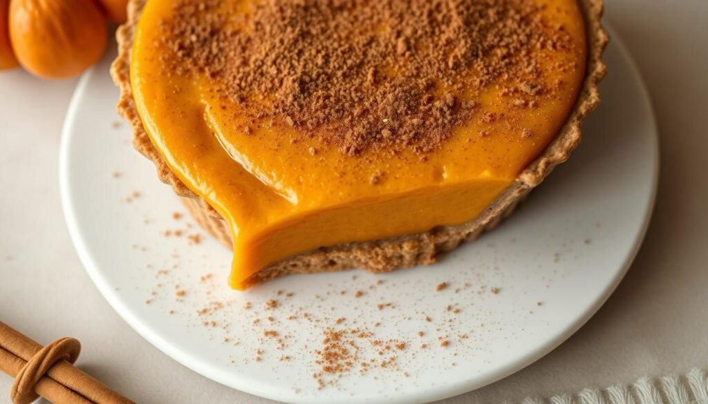 A golden brown graham cracker crust, delicately flecked with cinnamon, forms the base of a decadent pumpkin pie. The filling, a velvety custard of vibrant orange hue, is crowned with a light dusting of cinnamon. The image is bathed in soft, diffused lighting, casting a warm, inviting glow upon the pie. The scene is captured from a slight overhead angle, allowing the intricate crust pattern and creamy texture of the filling to be prominently showcased. The overall mood is one of classic Americana comfort and homemade indulgence. graham cracker crust
