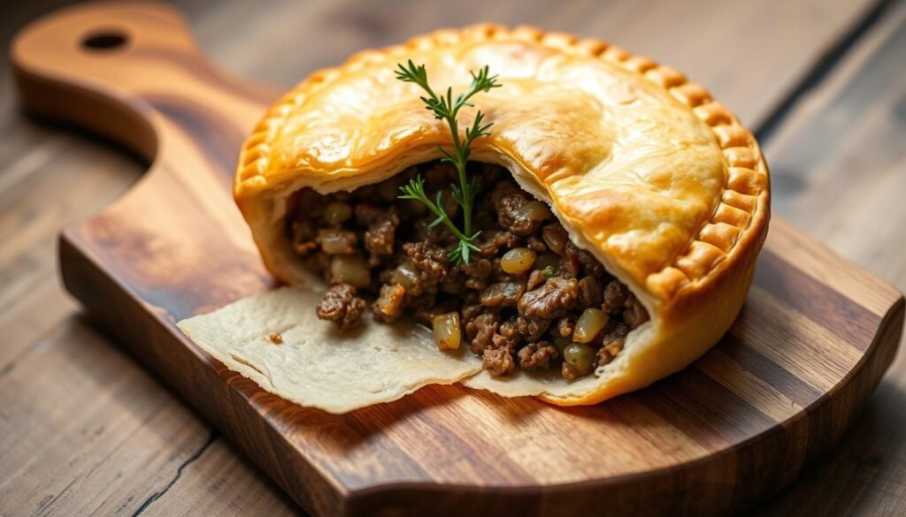 A golden-brown savory meat pie with a flaky, buttery crust sits atop a wood serving tray. Tender ground beef filling with sautéed onions, garlic, and herbs is nestled within the crust. The pie is garnished with a sprig of fresh thyme, inviting the viewer to imagine its rich, comforting flavor. Soft, diffused lighting from the side accentuates the textural contrast between the crust and filling. The tray is placed on a rustic wooden table, with a backdrop of neutral tones, allowing the pie to be the focal point. This scene evokes a homey, welcoming atmosphere, perfect for serving this hearty, delicious ground beef meat pie. A golden-brown savory meat pie with a flaky, buttery crust sits atop a wood serving tray. Tender ground beef filling with sautéed onions, garlic, and herbs is nestled within the crust. The pie is garnished with a sprig of fresh thyme, inviting the viewer to imagine its rich, comforting flavor. Soft, diffused lighting from the side accentuates the textural contrast between the crust and filling. The tray is placed on a rustic wooden table, with a backdrop of neutral tones, allowing the pie to be the focal point. This scene evokes a homey, welcoming atmosphere, perfect for serving this hearty, delicious ground beef meat pie.