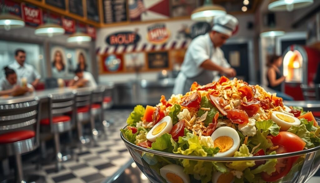 A grand historical scene set in a classic American diner, showcasing the origins of the beloved chef salad. In the foreground, a bountiful salad bowl brimming with crisp lettuce, juicy tomatoes, crunchy bacon, hard-boiled eggs, and shredded cheese, casting a warm glow under soft, diffused lighting. In the middle ground, a bustling diner counter with chrome accents and vintage stools, where a skilled chef in a pristine white uniform tosses the salad with expert precision. In the background, a jukebox plays nostalgic tunes as patrons in 1950s-inspired attire savor their hearty meals, capturing the timeless essence of this iconic dish's heritage. A grand historical scene set in a classic American diner, showcasing the origins of the beloved chef salad. In the foreground, a bountiful salad bowl brimming with crisp lettuce, juicy tomatoes, crunchy bacon, hard-boiled eggs, and shredded cheese, casting a warm glow under soft, diffused lighting. In the middle ground, a bustling diner counter with chrome accents and vintage stools, where a skilled chef in a pristine white uniform tosses the salad with expert precision. In the background, a jukebox plays nostalgic tunes as patrons in 1950s-inspired attire savor their hearty meals, capturing the timeless essence of this iconic dish's heritage.