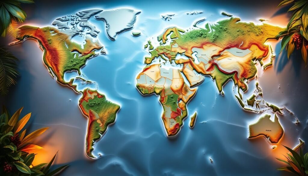 A highly detailed, topographical world map depicting the global production regions of vanilla. The map is rendered in a vibrant, colorful style with lush, tropical vegetation framing the landmasses. Major vanilla-growing areas, such as Madagascar, Mexico, Indonesia, and the Caribbean, are prominently highlighted with accurate geographical precision. The map is illuminated by warm, soft lighting that casts gentle shadows, creating a sense of depth and dimension. The overall composition conveys the global scope and rich history of this beloved, aromatic spice. A highly detailed, topographical world map depicting the global production regions of vanilla. The map is rendered in a vibrant, colorful style with lush, tropical vegetation framing the landmasses. Major vanilla-growing areas, such as Madagascar, Mexico, Indonesia, and the Caribbean, are prominently highlighted with accurate geographical precision. The map is illuminated by warm, soft lighting that casts gentle shadows, creating a sense of depth and dimension. The overall composition conveys the global scope and rich history of this beloved, aromatic spice.