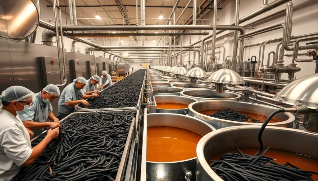 A large, well-lit production facility with rows of industrial stainless steel equipment. In the foreground, workers carefully select and prepare vanilla bean pods, their movements precise and methodical. In the middle ground, the pods are placed in extraction vats, the rich brown liquid simmering as the aromatic essence is drawn out. In the background, a maze of pipes and valves regulates the temperature and flow, ensuring a consistent, high-quality vanilla extract. The lighting is bright and even, casting a warm glow over the entire scene, highlighting the intricate process and the dedication of the skilled workers. A large, well-lit production facility with rows of industrial stainless steel equipment. In the foreground, workers carefully select and prepare vanilla bean pods, their movements precise and methodical. In the middle ground, the pods are placed in extraction vats, the rich brown liquid simmering as the aromatic essence is drawn out. In the background, a maze of pipes and valves regulates the temperature and flow, ensuring a consistent, high-quality vanilla extract. The lighting is bright and even, casting a warm glow over the entire scene, highlighting the intricate process and the dedication of the skilled workers.