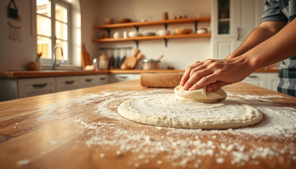 A large wooden kitchen counter with a flour-dusted surface. In the foreground, skilled hands knead and fold a supple dough, the motion captured in a crisp, close-up view. Flour motes dance in the soft, warm light filtering through a nearby window, casting a cozy, inviting atmosphere. In the middle ground, various baking tools and ingredients are neatly arranged, hinting at the care and precision of the process. The background features clean, minimalist cabinets and shelves, allowing the dough-making techniques to take center stage. The scene conveys a sense of artisanal craftsmanship and the expertise required to achieve the perfect olive oil pie crust.