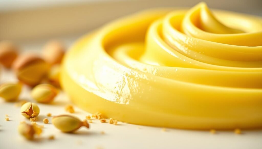A luscious, creamy pistachio buttercream filling, glistening with a golden sheen, occupies the frame. The smooth, velvety texture is visible, with subtle flecks of ground pistachios adding a delicate crunch. The buttercream is presented in a clean, minimalist setting, with a slight bokeh effect creating a soft, dreamy atmosphere. Warm, natural lighting casts a gentle glow, accentuating the rich, buttery hue of the filling. The overall composition is balanced, allowing the viewer to focus on the decadent, tempting qualities of the pistachio buttercream. A luscious, creamy pistachio buttercream filling, glistening with a golden sheen, occupies the frame. The smooth, velvety texture is visible, with subtle flecks of ground pistachios adding a delicate crunch. The buttercream is presented in a clean, minimalist setting, with a slight bokeh effect creating a soft, dreamy atmosphere. Warm, natural lighting casts a gentle glow, accentuating the rich, buttery hue of the filling. The overall composition is balanced, allowing the viewer to focus on the decadent, tempting qualities of the pistachio buttercream.