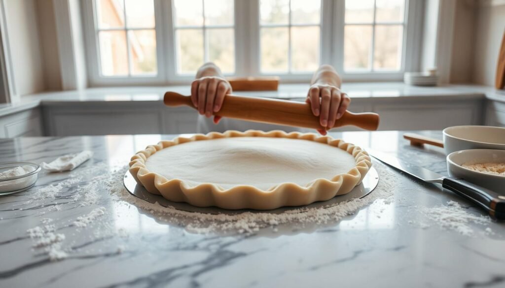 A marble countertop in a bright, airy kitchen. On the counter, a baker's hands delicately rolling out a round sheet of pale, flaky pie dough with a wooden rolling pin. The dough is surrounded by scattered flour, a sharp baker's knife, and a ceramic pie dish. Warm, natural lighting filters through large windows, casting a soft glow on the scene. The overall mood is one of focused, meticulous craftsmanship - the careful process of perfecting a classic pastry. A marble countertop in a bright, airy kitchen. On the counter, a baker's hands delicately rolling out a round sheet of pale, flaky pie dough with a wooden rolling pin. The dough is surrounded by scattered flour, a sharp baker's knife, and a ceramic pie dish. Warm, natural lighting filters through large windows, casting a soft glow on the scene. The overall mood is one of focused, meticulous craftsmanship - the careful process of perfecting a classic pastry.