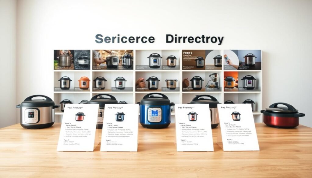 A minimalist service directory with a grid of high-quality appliance images, showcasing a variety of pressure cooker models in a clean, well-lit environment. The foreground features several pressure cookers in different colors and sizes, neatly arranged on a wooden surface. The middle ground includes detailed product information cards with specifications, highlighting key features. The background is a simple, neutral-toned wall, allowing the appliances to take center stage. The overall atmosphere is one of efficiency, organization, and a focus on the practical selection of the ideal pressure cooker for the user's needs.