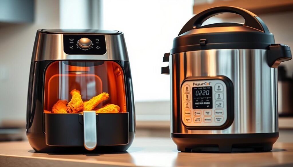A modern, sleek kitchen countertop with a stainless steel air fryer and pressure cooker side by side, their interiors glowing with warm, inviting light. The air fryer has a transparent glass window, revealing crispy, golden-brown chicken wings. Next to it, the pressure cooker's lid is slightly ajar, letting out fragrant steam. Soft, natural lighting illuminates the scene, casting gentle shadows and highlights. The overall atmosphere is one of culinary harmony, showcasing the seamless integration of two powerful cooking appliances.