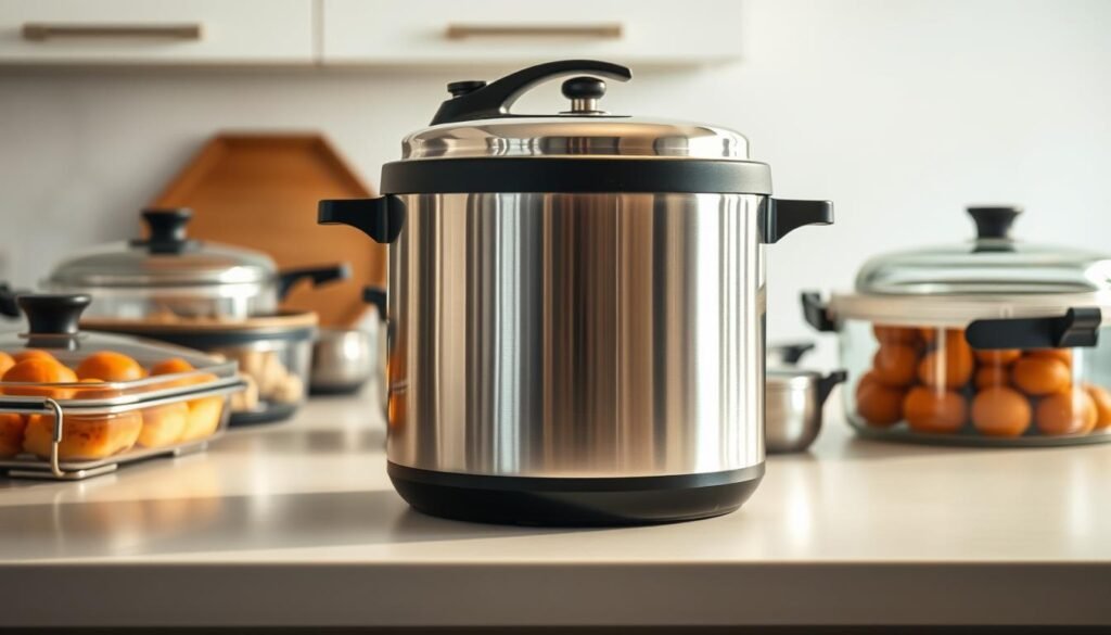 A modern, well-lit kitchen counter showcases an array of efficient cooking vessels. In the foreground, a gleaming stainless steel pressure cooker stands prominently, its sleek design and locking mechanism hinting at the controlled heat and sealed environment within. Surrounding it, various other sealed containers - including a glass-lidded baking dish and a vacuum-sealed food storage container - demonstrate the breadth of effective, time-saving cooking methods. The carefully arranged scene is bathed in warm, natural lighting, creating a sense of precision and culinary expertise. The overall atmosphere conveys the advantages of sealed cooking techniques: increased efficiency, enhanced flavor, and the ability to preserve nutrients and moisture.